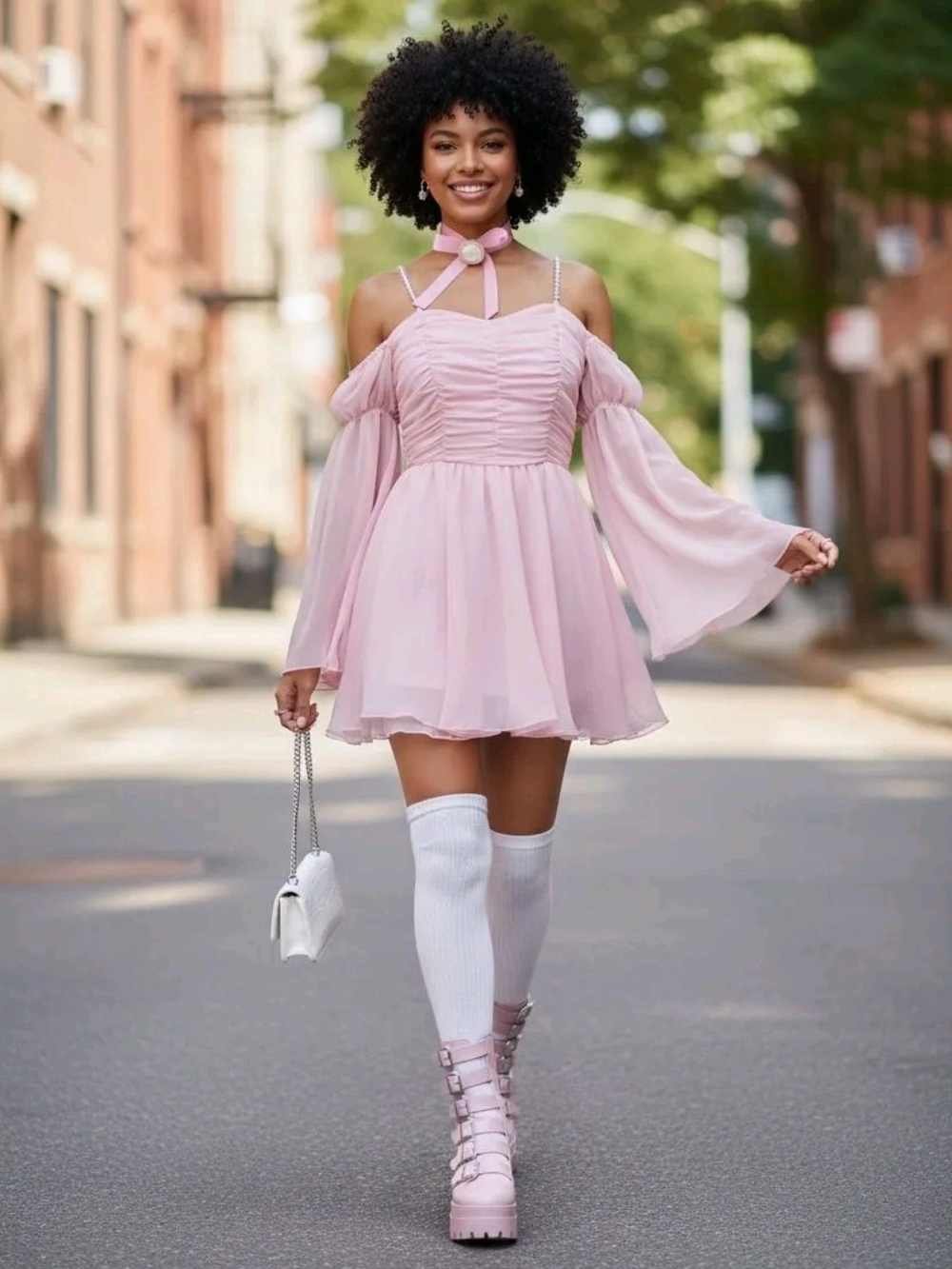 Source Unknown Pink Cold-Shoulder Mini Dress with Chiffon Skirt